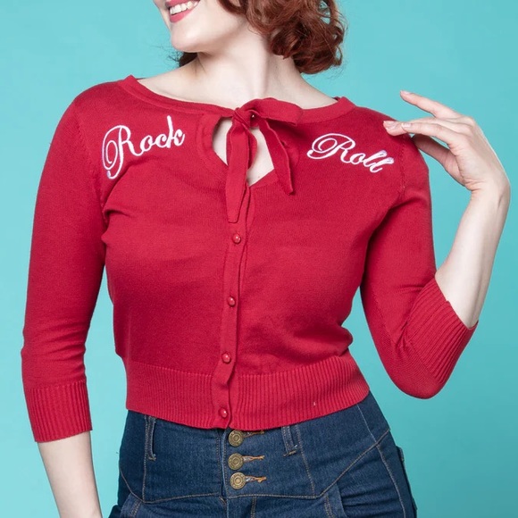 Collectif | Sweaters | Collectif Charlene Rock Roll Cardigan Sweater Red |  Poshmark